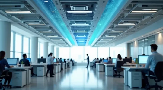 Bureau moderne avec systèmes de ventilation et employés travaillant dans un environnement sain