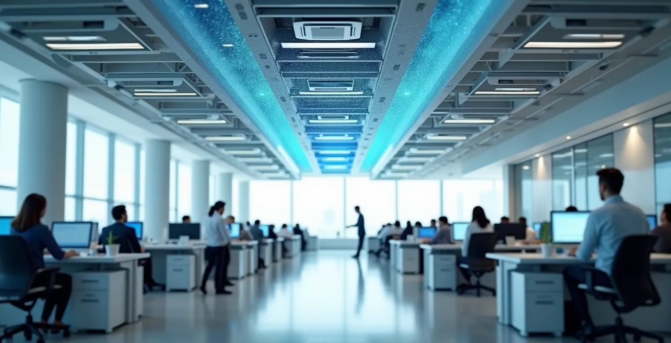 Bureau moderne avec systèmes de ventilation et employés travaillant dans un environnement sain