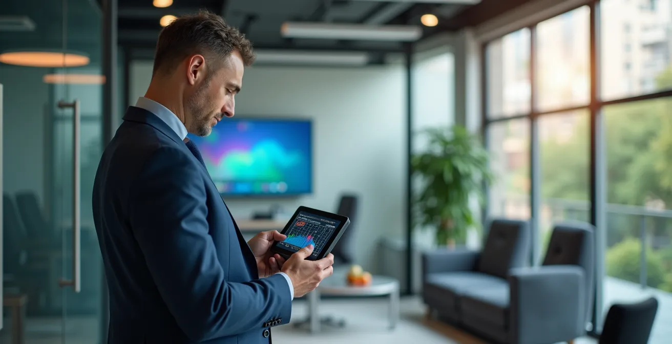 Professionnel réalisant un diagnostic de qualité d'air dans un bureau avec des instruments de mesure